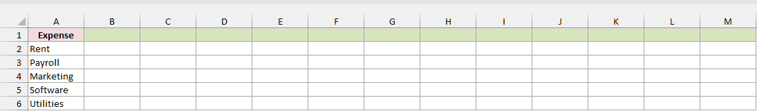 Expense plan has Expense in A1, empty B1:M1 headers and no start date cell.