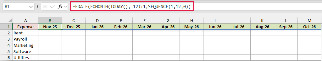 B1 shows =EDATE(EOMONTH(TODAY(),-12)+1,SEQUENCE(1,12,0)), producing rolling month headers from Nov-25 through Oct-26.