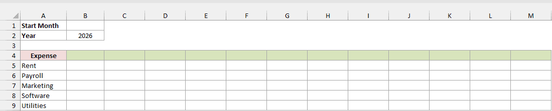 Expense plan has empty B1, Year 2026 in B2 and empty headers in row 4.