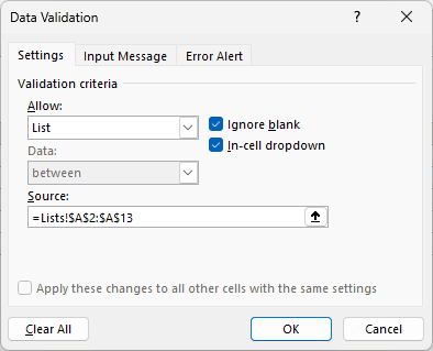 Data Validation dialog shows Allow set to List and Source set to =Lists!$A$2:$A$13.