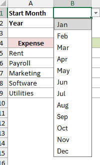 Open month drop-down in B1 lists month names from Jan through Dec.