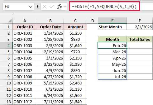 E4 contains =EDATE(F1,SEQUENCE(6,1,0)), filling the Month column with Feb-26 through Jul-26.