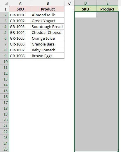 The 24 destination rows in D2:E25 are selected to hold three copies of the eight-product list.