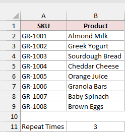 The eight-product list appears above a Repeat Times setting of 3 in B11.