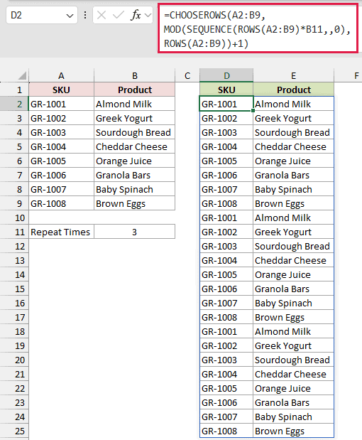 A red box highlights the CHOOSEROWS and MOD formula, with three complete product lists filling D2:E25.