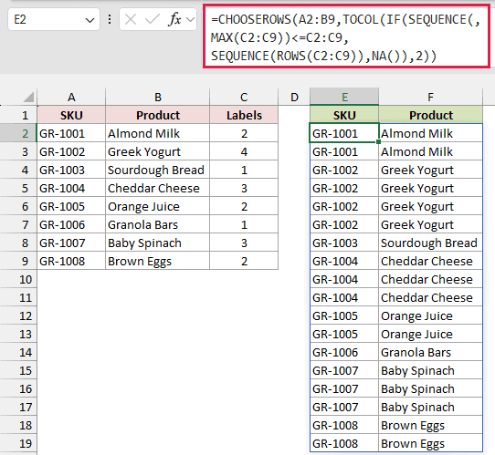 The highlighted CHOOSEROWS, TOCOL, and IF formula produces 18 rows in E2:F19 using the Labels counts.