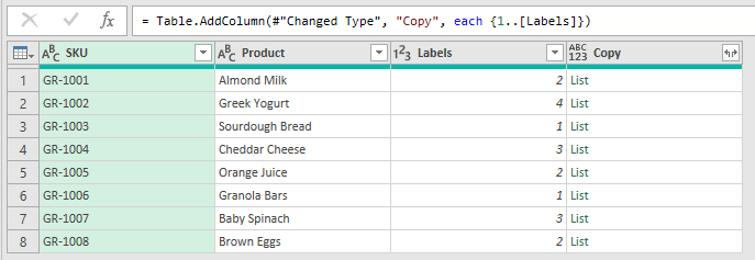 The new Copy column displays List in each row, and the formula bar shows the Table.AddColumn step.