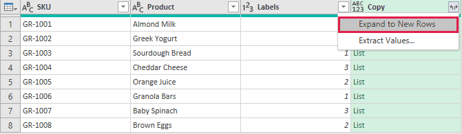 The Copy column menu shows Expand to New Rows highlighted in red above Extract Values.