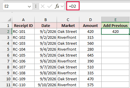 First running total in E2 equal to the first receipt amount