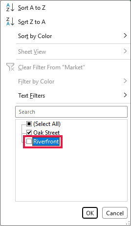 Market filter drop-down with only Oak Street checked