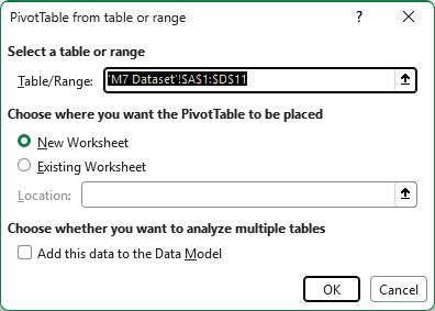PivotTable from table or range dialog with New Worksheet selected