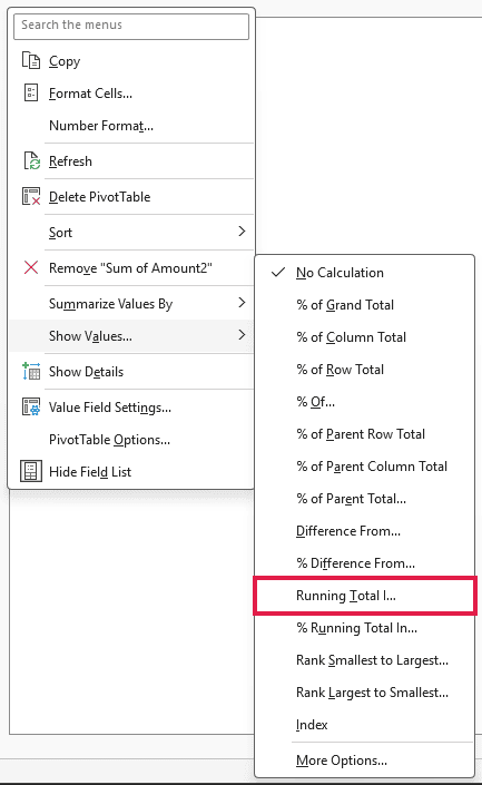 Show Values As menu with Running Total In highlighted