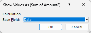 Show Values As dialog with Date selected as the Base field