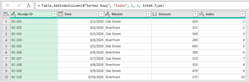 Power Query preview with a new Index column numbered 1 to 10