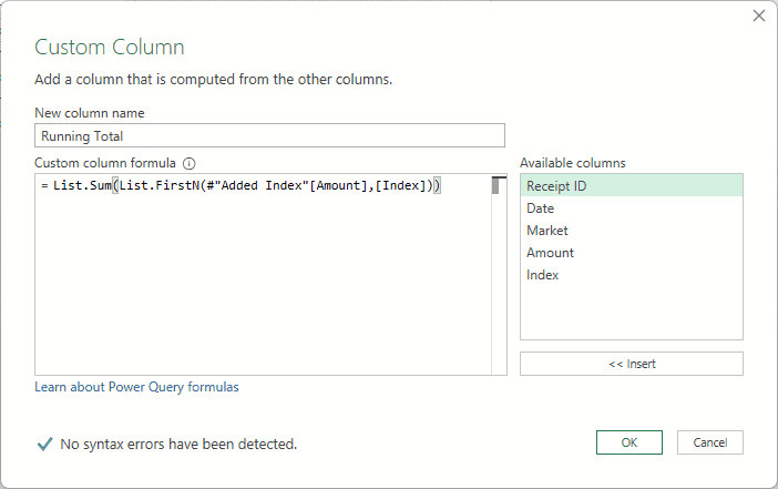 Custom Column dialog named Running Total with the List.Sum and List.FirstN formula