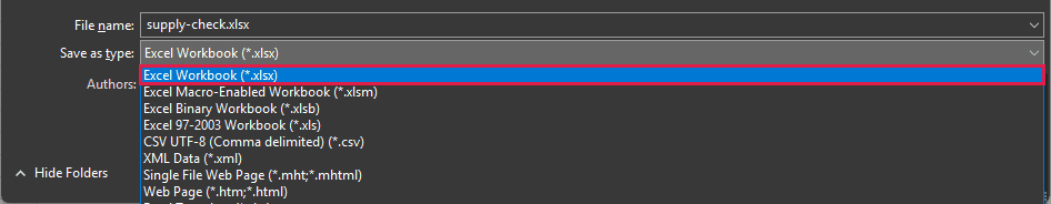 Excel Workbook (*.xlsx) is selected in the Save as type list.