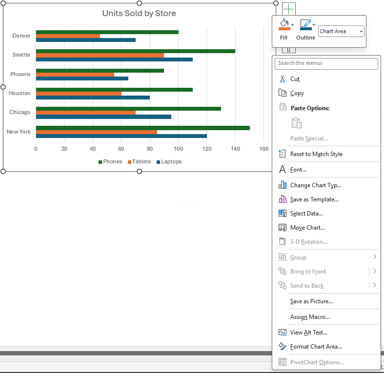 Chart area right-click menu includes Change Chart Type for converting the existing clustered bar chart.