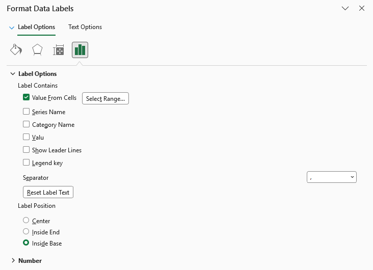 Format Data Labels pane shows Value From Cells checked, Value unchecked, and Inside Base selected.