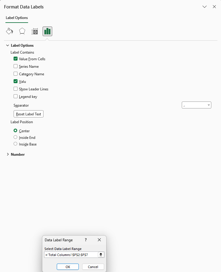 Format Data Labels has Value From Cells checked, and the Data Label Range dialog references F2:F7.