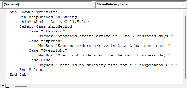 ShowDeliveryTime VBA macro in a Visual Basic Editor module