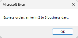 Message box saying Express orders arrive in 2 to 3 business days