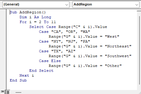 AddRegion VBA macro with comma-separated Case values in the Visual Basic Editor