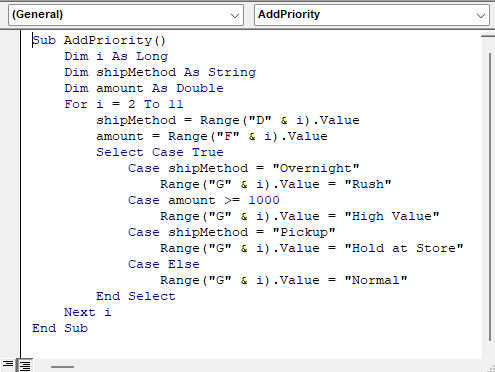 AddPriority VBA macro using Select Case True in the Visual Basic Editor