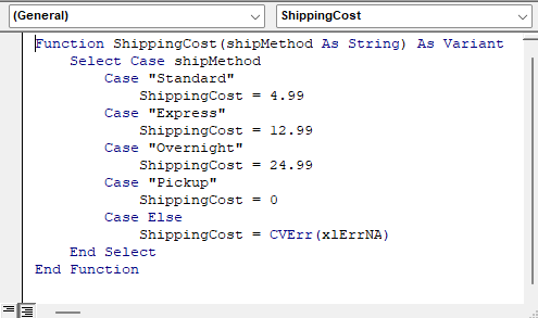 ShippingCost VBA function in a Visual Basic Editor module