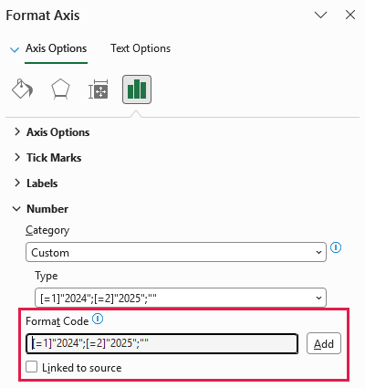 Custom number format displaying 2024 at X=1 and 2025 at X=2.