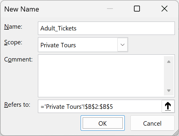 New Name dialog with Adult_Tickets scoped to Private Tours