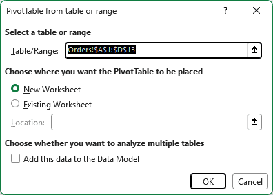 PivotTable from table or range dialog with New Worksheet selected