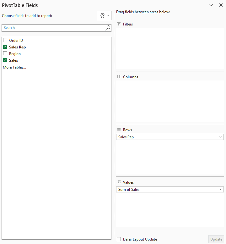 PivotTable Fields pane with Sales Rep in Rows and Sum of Sales in Values