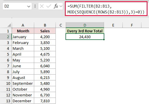 Formula bar shows SUM and FILTER in D2, with Every 3rd Row Total 24,430.