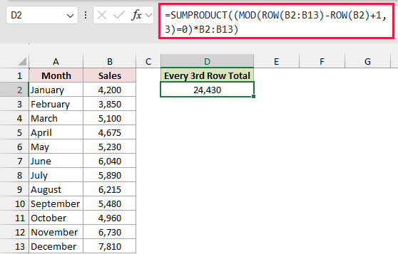SUMPRODUCT and MOD formula in D2 returns 24,430 for every third sales value.
