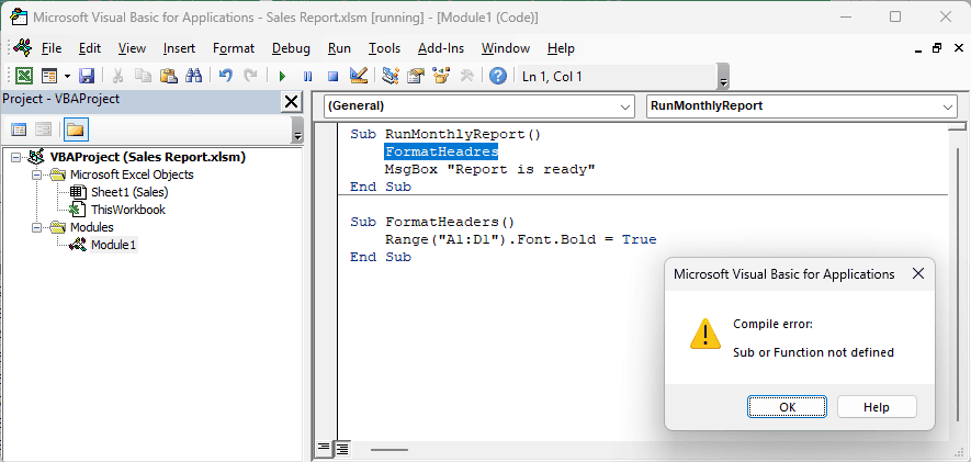 VBA compile error with the misspelled FormatHeadres call highlighted.