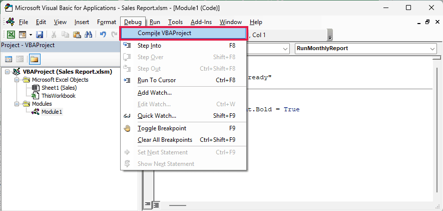 Debug menu open in the VB Editor with Compile VBAProject boxed.