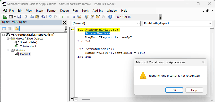 VB Editor message saying Identifier under cursor is not recognized after pressing Shift + F2.