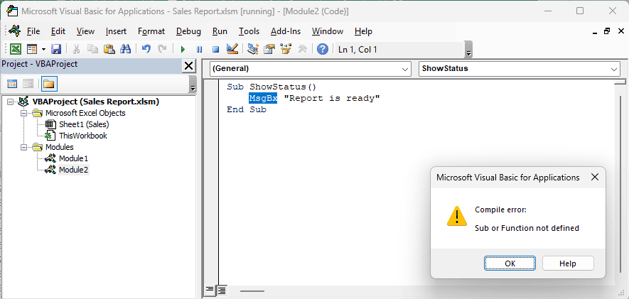 VBA compile error with MsgBx highlighted in the ShowStatus macro.