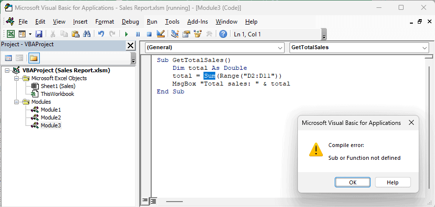 VBA compile error with Sum highlighted in the GetTotalSales macro.