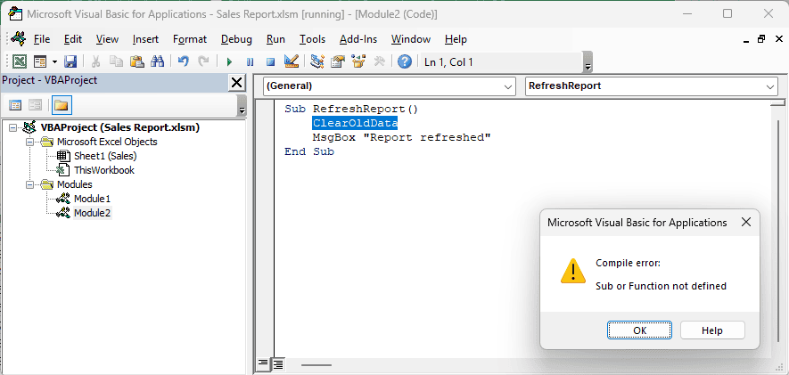ClearOldData highlighted in Module2, with Module1 and Module2 visible in the Project Explorer.
