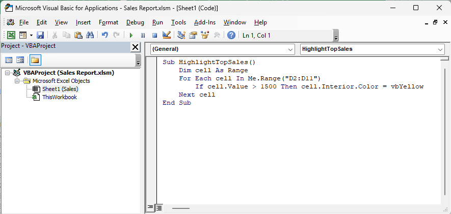 HighlightTopSales code in the Sales sheet module with Sheet1 (Sales) visible in the Project Explorer.