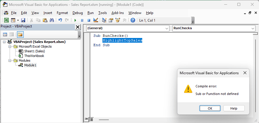 VBA compile error with HighlightTopSales highlighted in the RunChecks macro in Module1.