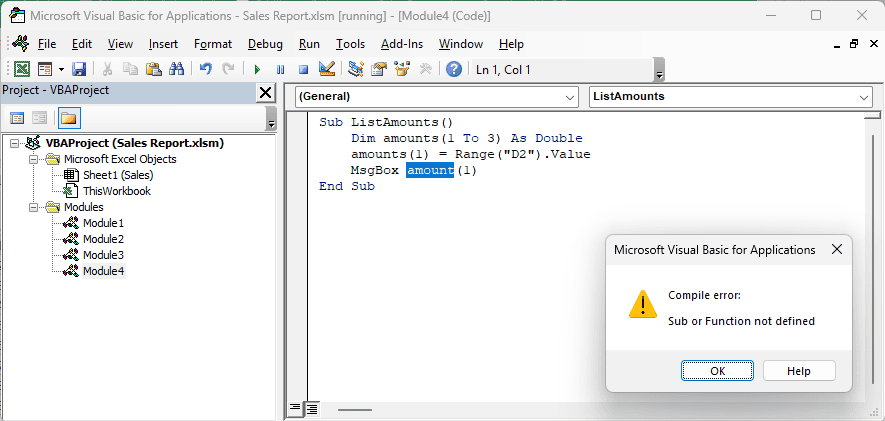 VBA compile error with the misspelled array name amount highlighted; the array is declared as amounts.