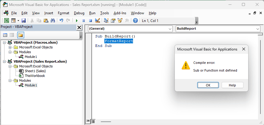 FormatReport highlighted in Sales Report.xlsm, with both workbook projects visible in the Project Explorer.