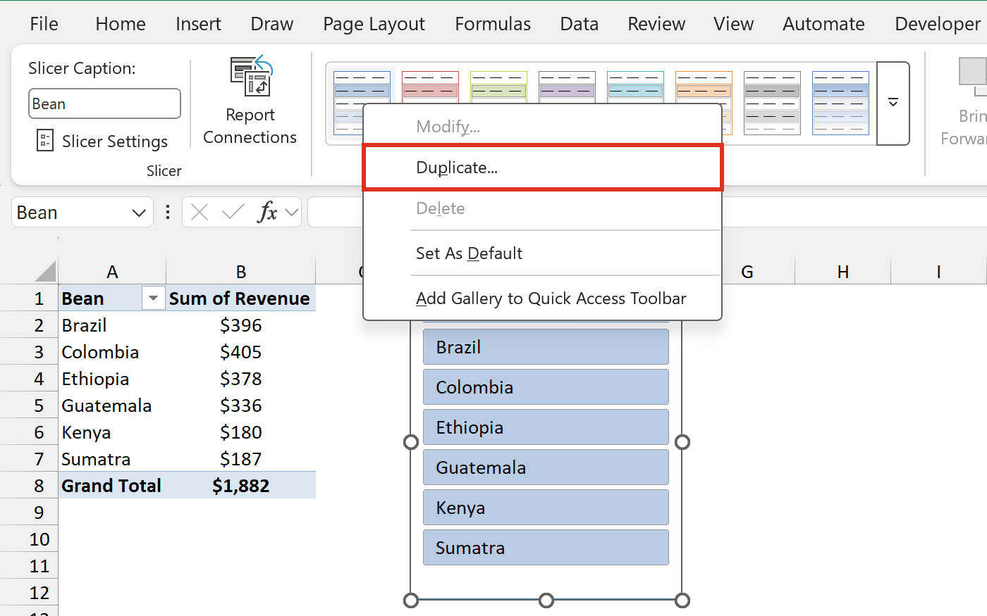 Right-click menu on a built-in slicer style with the Duplicate command