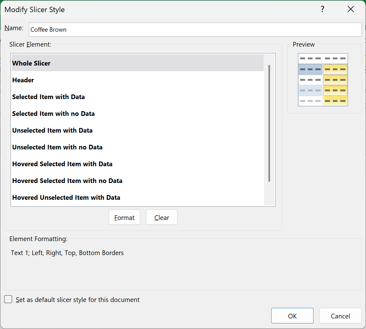 Modify Slicer Style dialog with the style named Coffee Brown