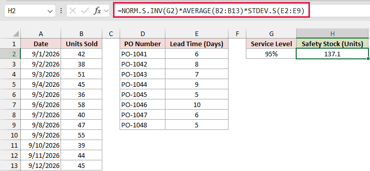 Lead time variability formula in H2 returns 137.1 mugs of safety stock