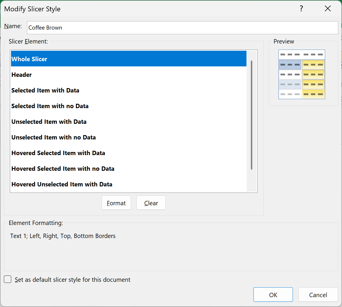Whole Slicer selected in the Slicer Element list with the Format button