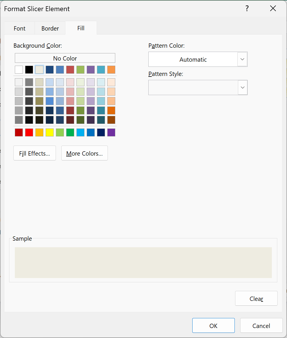 Format Slicer Element dialog Fill tab with a light cream background color