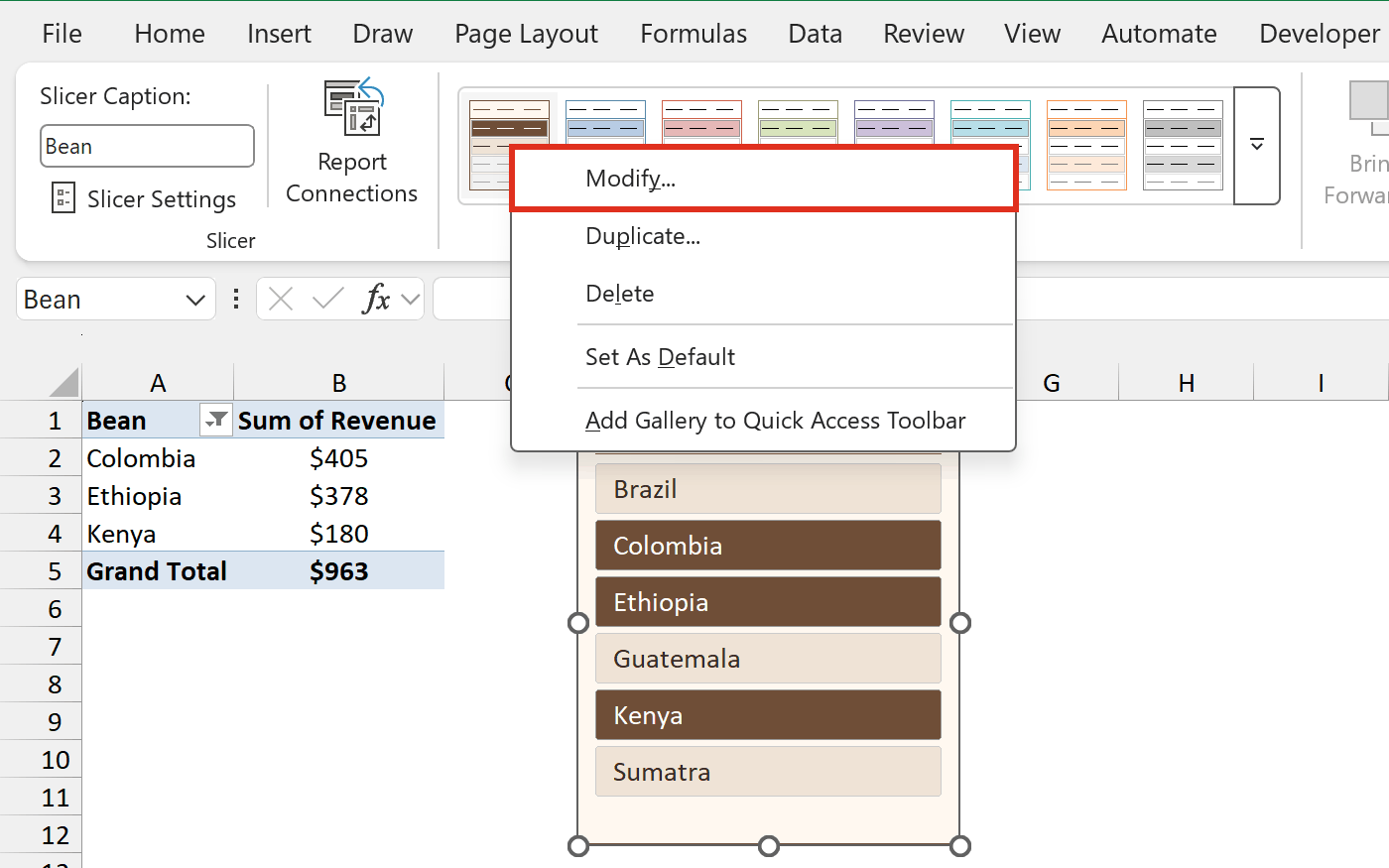 Right-click menu on the Coffee Brown custom style with Modify
